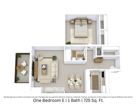 3D floor plan showing an angled perspective of the One Bedroom E layout, including furniture placement across 725 Sq. Ft.